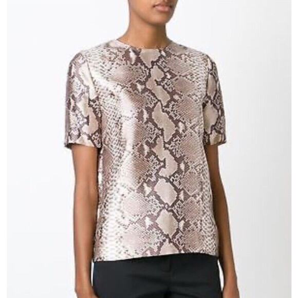 TORY BURCH Brown Python Snake Print Silk & Wool Short Sleeve Top Blouse Size 6 - Picture 1 of 5